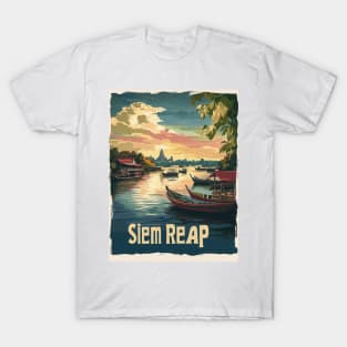 A picturesque view captures the tranquil waters of Siem Reap at sunset, showcasing traditional boats against the backdrop of majestic T-Shirt